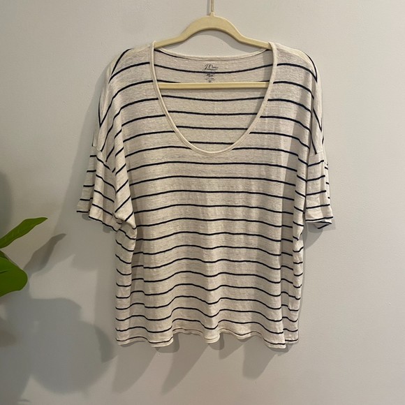 J. Crew Relaxed Linen Drop Shoulder Scoop Neck Stripe Tee Size Medium - Picture 2 of 10